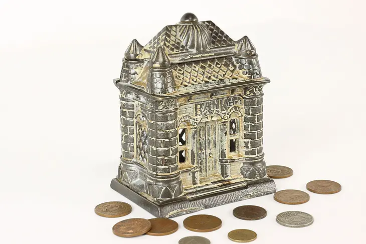 Victorian Cast Iron Antique Castle Coin Bank #42346