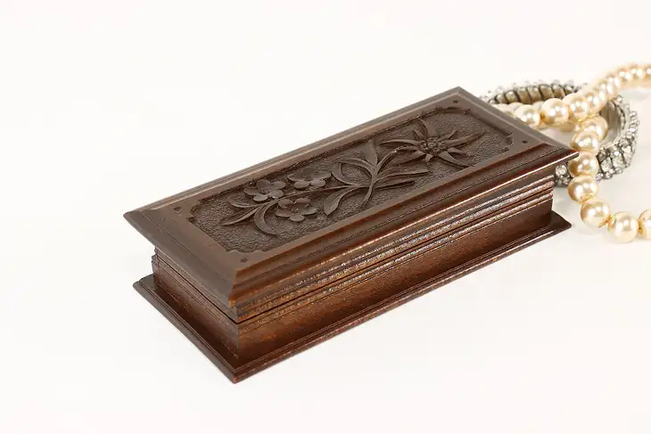 Swiss Black Forest Vintage Folk Art Jewelry Box, Hand Carved Flowers #40352