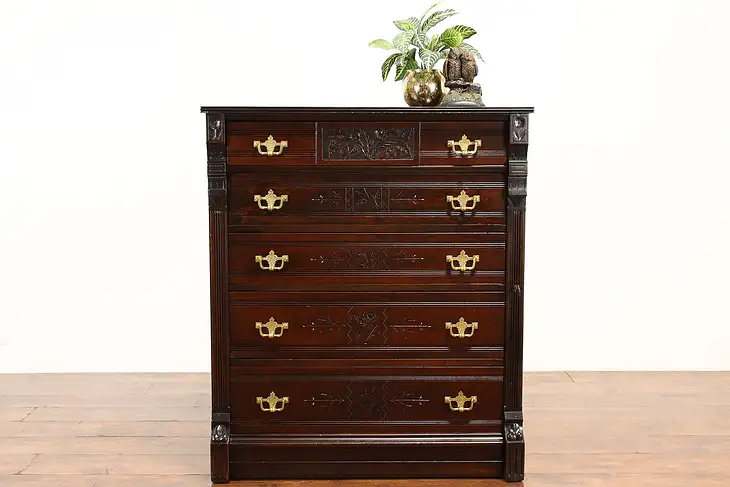 Victorian Eastlake Antique Cherry Sidelock Tall Chest or Dresser #41894