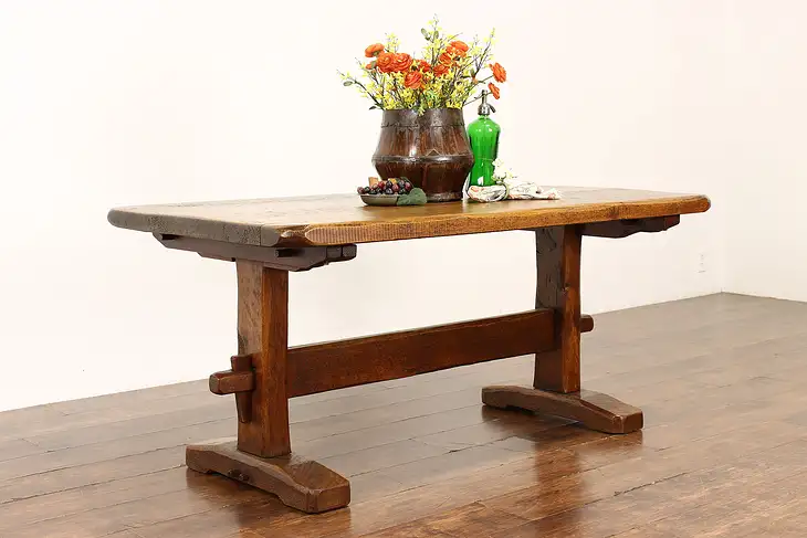 Farmhouse Vintage Hand Hewn Oak Trestle Dining, Kitchen, or Library Table #42053