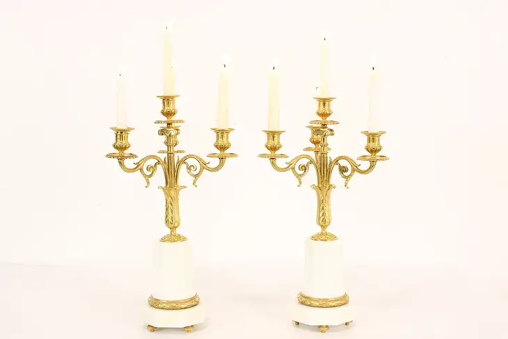 Pair of Vintage Renaissance Gilt Bronze Candelabra, Marble Bases #42253