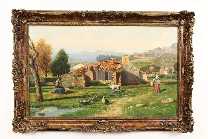Farmhouse Ruin with Geese Antique Original Oil Painting, Palmarola 41" #42312