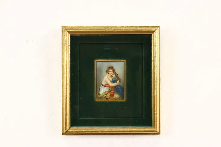 Mother & Child Miniature Portrait Antique Oil Painting in Shadowbox 9.5" #41917