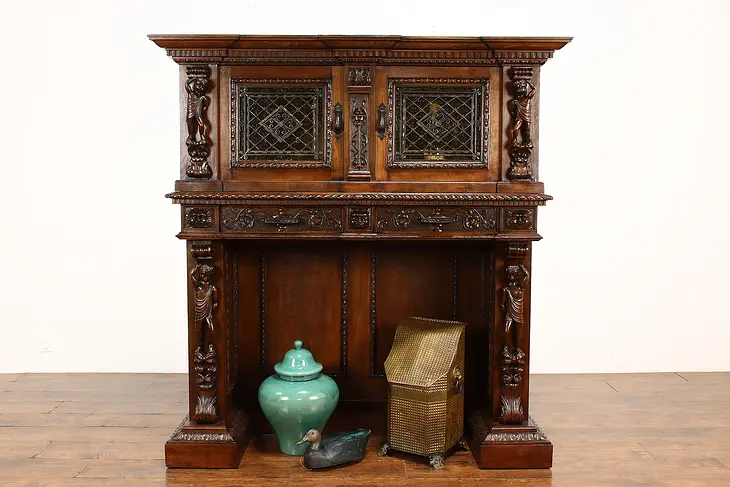 Italian Renaissance Antique Bar or Hall Cabinet, Carved Sculptures #42181