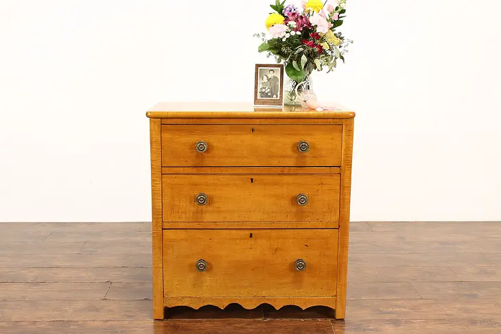 Farmhouse Tiger Curly Maple Antique 1840s Dresser or Chest, NIghtstand #42476