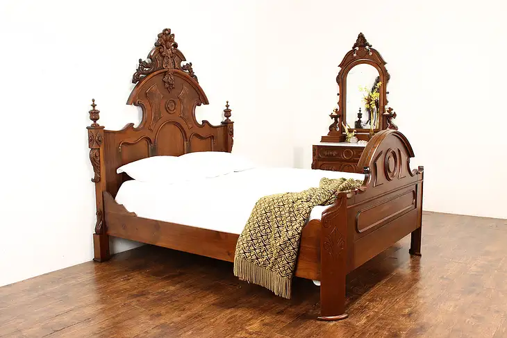 Victorian Renaissance Antique Walnut 2 Pc Bedroom Set, Marble, Queen Bed #42150