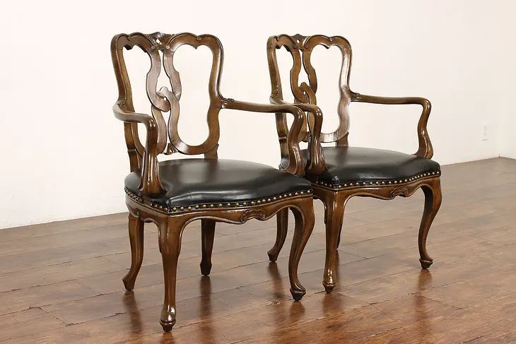 Pair of Italian Design Vintage Walnut & Leather Office or Library Chairs #42280