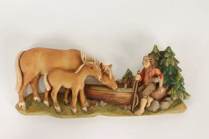 Swiss Vintage Hand Carved Horses & Young Traveler Wall Plaque #40946