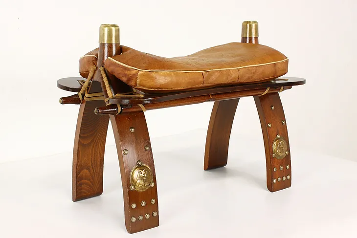Farmhouse Vintage Camel Saddle Leather Bench or Stool, Egyptian Motifs #42055