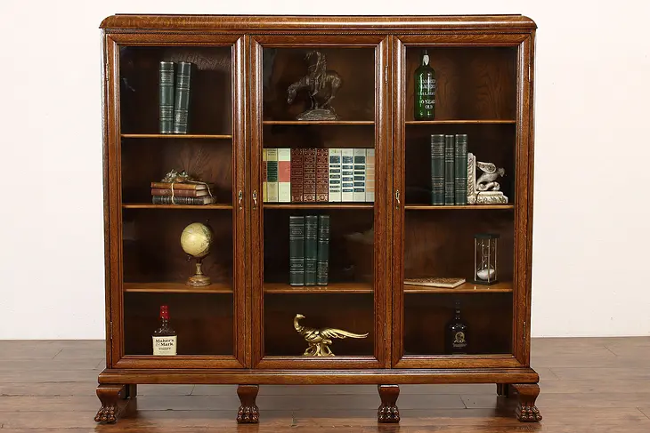 Empire Antique Triple Oak Office Library Bookcase, Wavy Glass, Paw Feet #42392