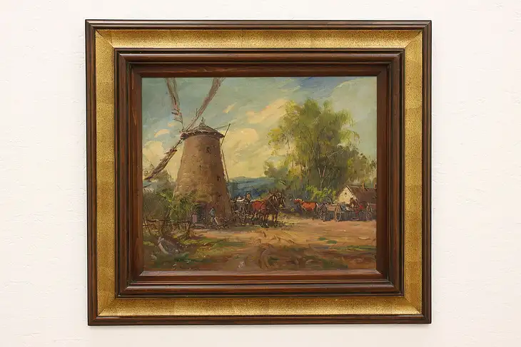 Dutch Village Windmill & Horses Vintage Original Oil Painting 35"  #41642