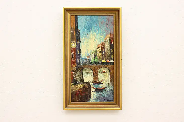 Venice Canal & Gondolas Vintage Original Oil Painting, Helm 28" #42094