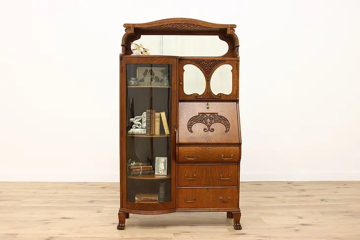Victorian Antique Oak Side by Side Secretary Desk & Bookcase, Mirrors #41613