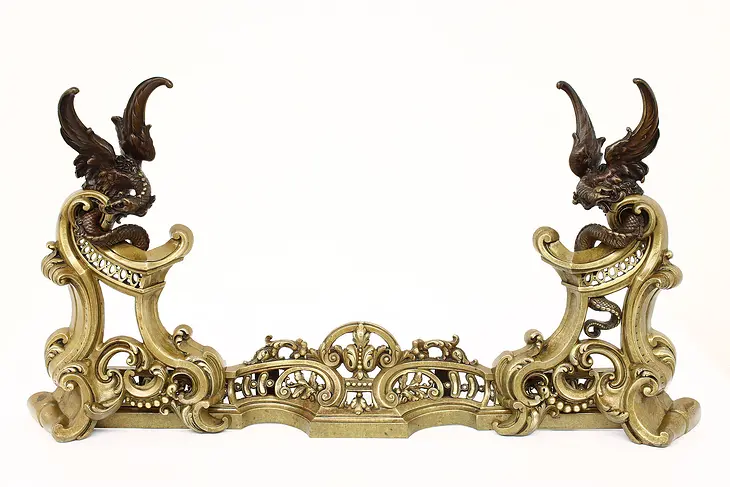 Rococo Antique Bronze 3 Pce Fireplace Fender & Chenets, Dragons #40898
