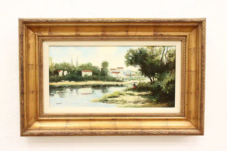 Romantic Stroll on Riverbank Antique Original Oil Painting, Danco 33.5" #42138