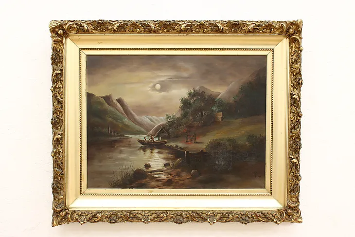 Village & River at Dusk Antique Original Oil Painting, Signed 44" #42046