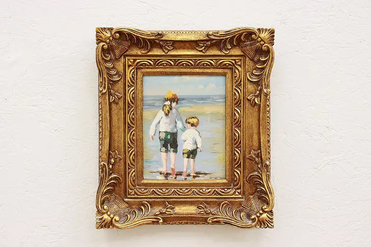 Children Walking on Sunny Beach Vintage Original Oil Painting 17" #42135