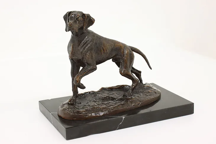 Farmhouse Vintage Bronze Pointer Hunting Dog Sculpture, Marble Base #42075