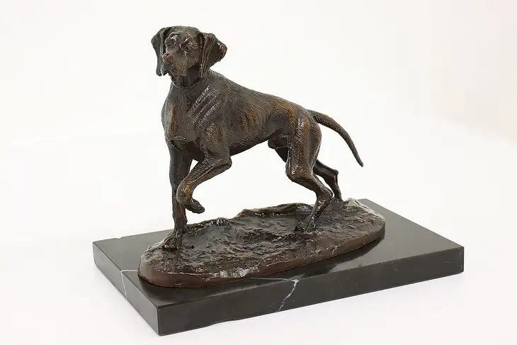 Farmhouse Vintage Bronze Pointer Hunting Dog Sculpture, Marble Base #42075