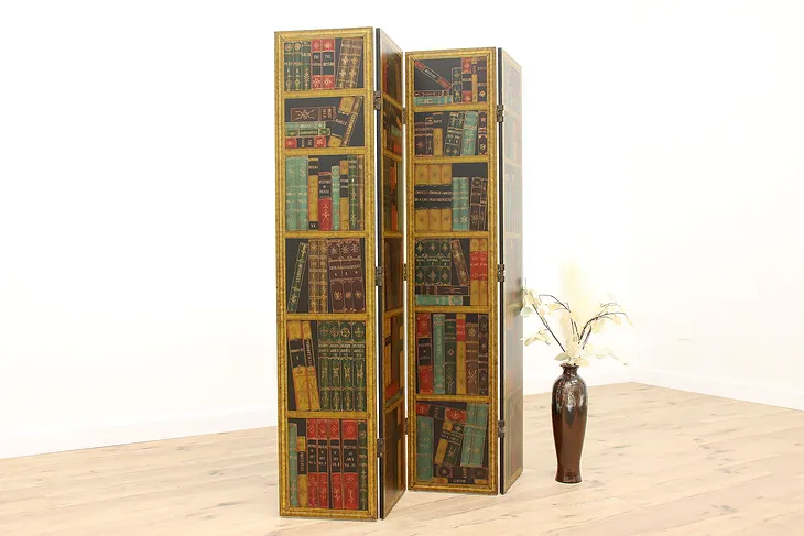 Hand Painted Vintage 4 Panel Room Divider Screen with Classic Books #42076