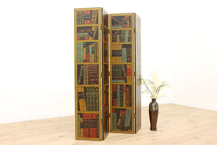 Hand Painted Vintage 4 Panel Room Divider Screen with Classic Books #42076