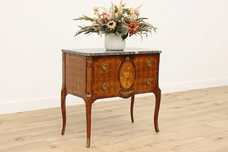 French Design Antique Marquetry Marble Top Hall Console or Chest #42553