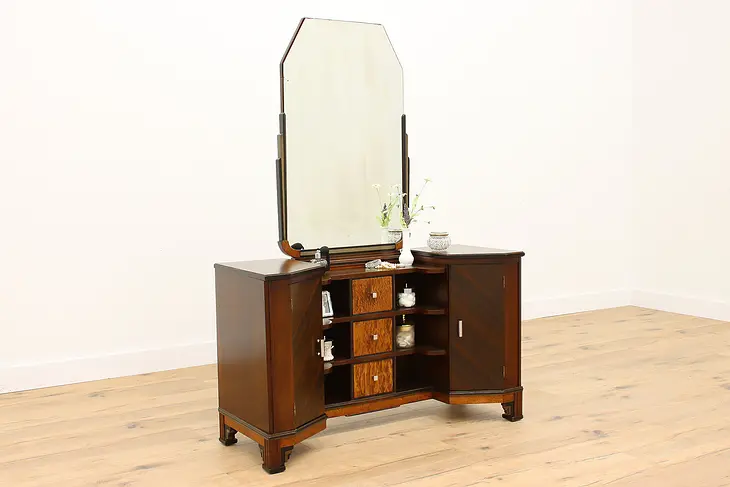 Art Deco Vintage Walnut & Curly Maple Vanity or Dressing Table & Mirror  #42543