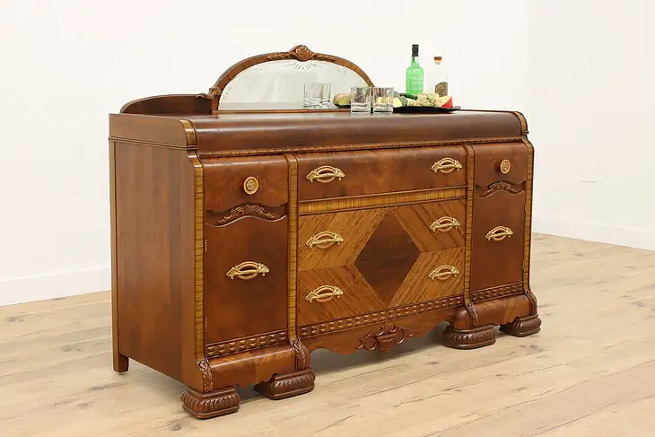 Art Deco Vintage Waterfall Design Walnut Sideboard, Buffet or Server #42451