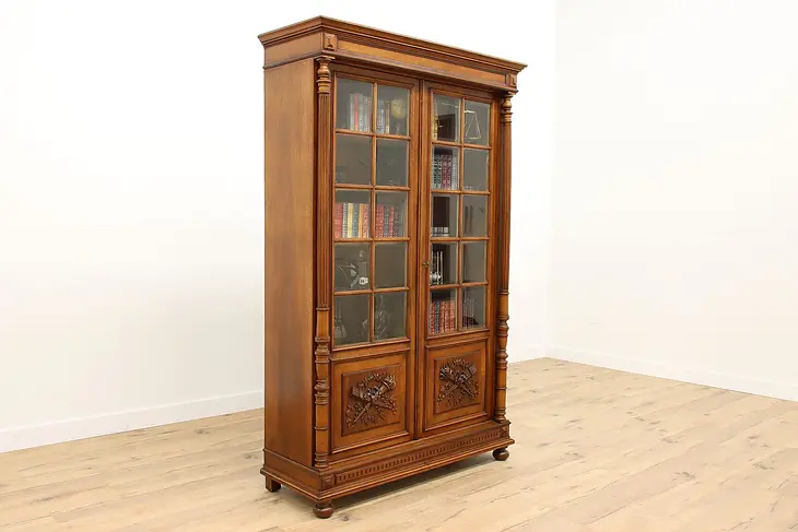 Renaissance Antique Carved Walnut Office or Library Bookcase Display Case #42514