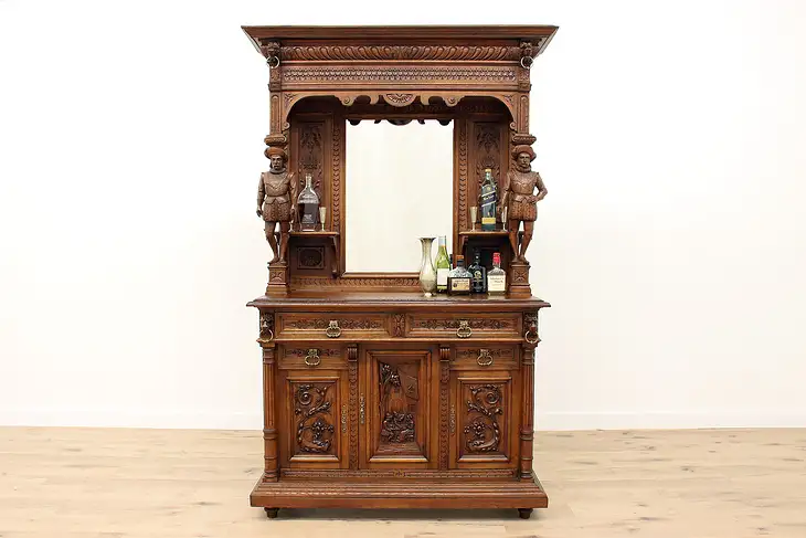 Italian Renaissance Antique Court Cupboard Sideboard, Carved Sculptures #38731