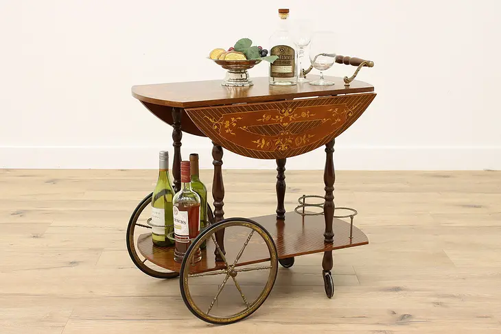 Italian Vintage Oval Marquetry Beverage Trolley, Dessert or Bar Cart #42320