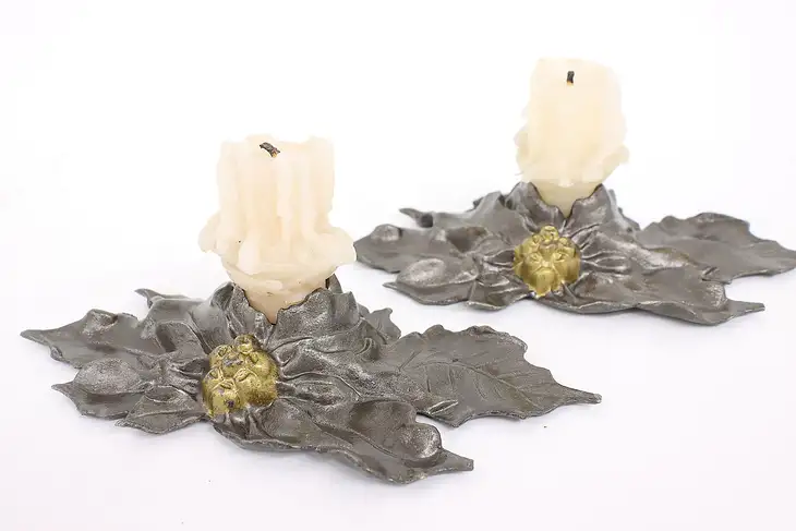 Pair of Traditional Antique Cast Iron Floral Candle Holders #42525