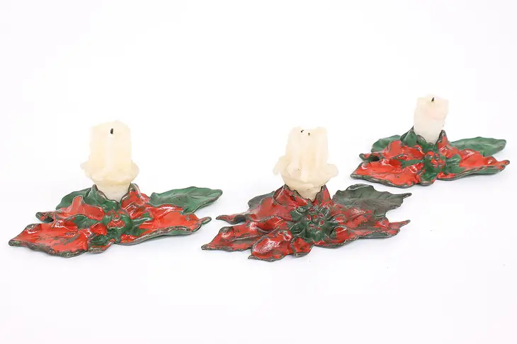 Set of 3 Poinsettia Christmas Floral Cast Iron Candleholders #42691