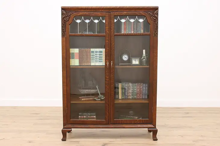 Arts & Crafts Antique Oak Craftsman Office Bookcase, Leaded Glass #41972