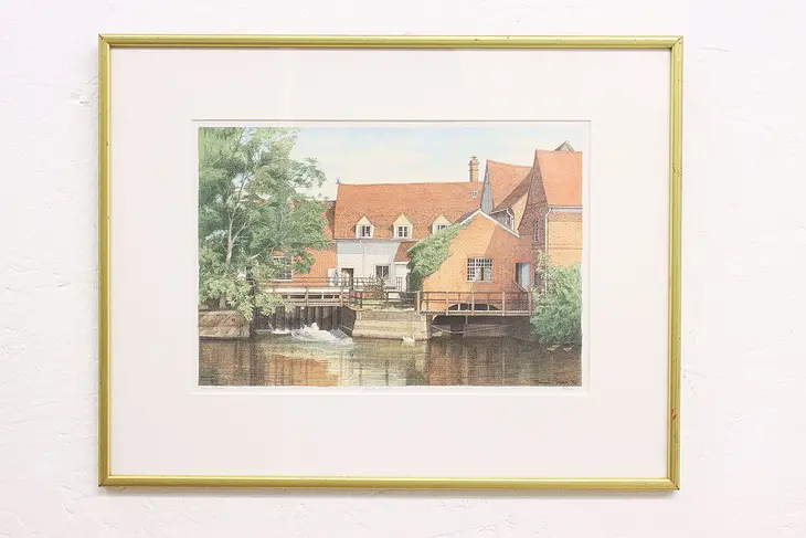 Flatford Mill Canal & Swan Vintage Signed Print, Green 19.5" #42644
