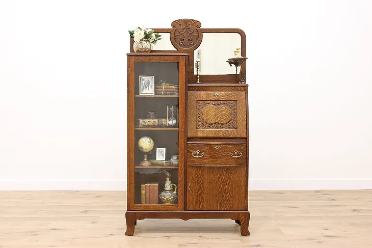 Victorian Antique Oak Side by Side Secretary Desk & Bookcase, Mirrors #38375