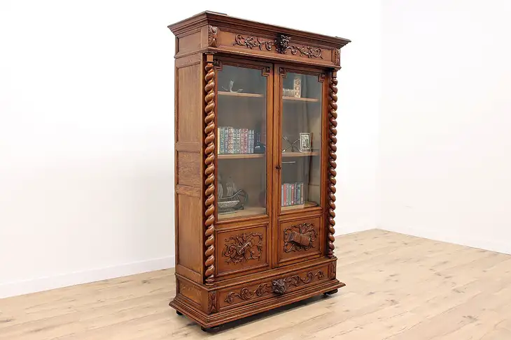 Black Forest Antique Renaissance Carved Oak Office Bookcase Display Case #42058