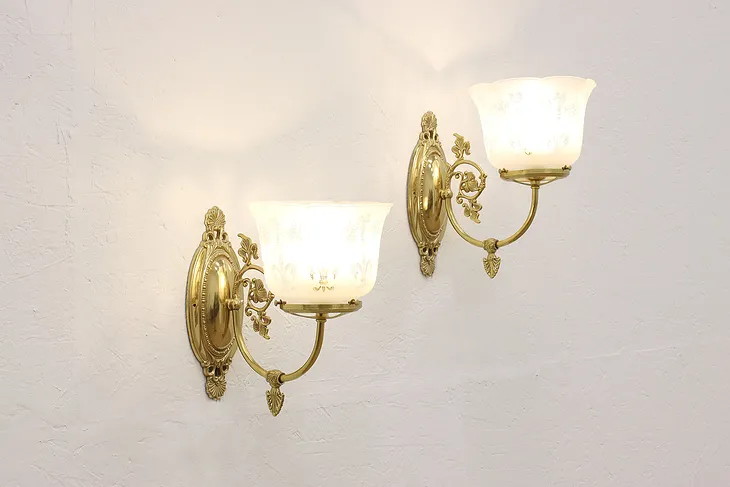 Victorian Style Vintage Pair of Frosted Shade & Brass Wall Sconces #42694