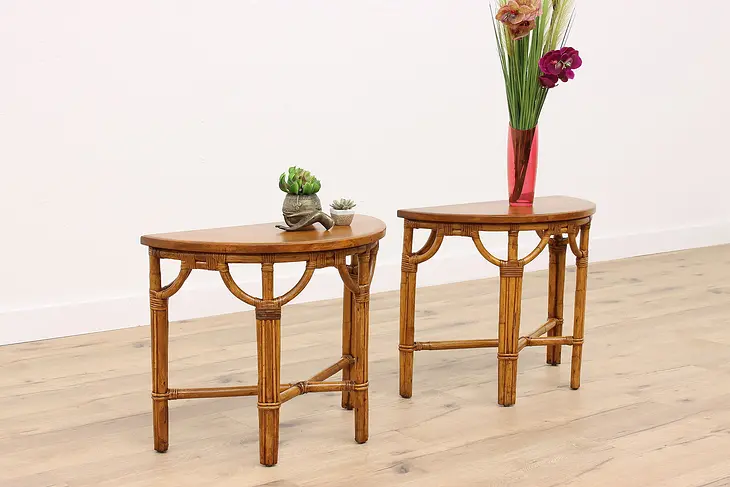 Pair of Asian Design Vintage Demilune Nightstands, End or Lamp Tables #42683