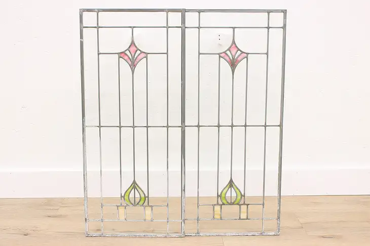 Pair Craftsman Antique Architectural Salvage Leaded Stained Glass Windows #42777