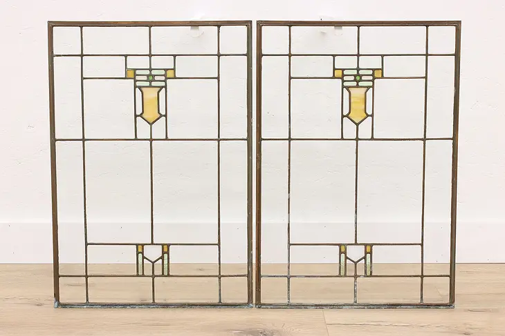 Pair Craftsman Antique Architectural Salvage Leaded Stained Glass Windows #42778