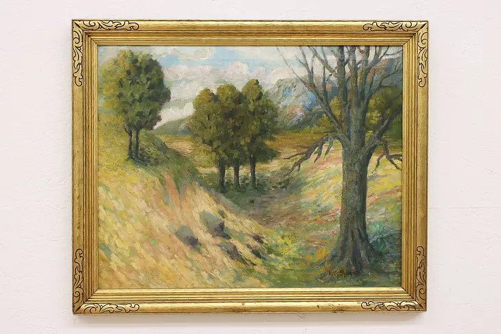 Hillside Forest Antique Original Oil Painting, After Sylvester 34.5" #42077