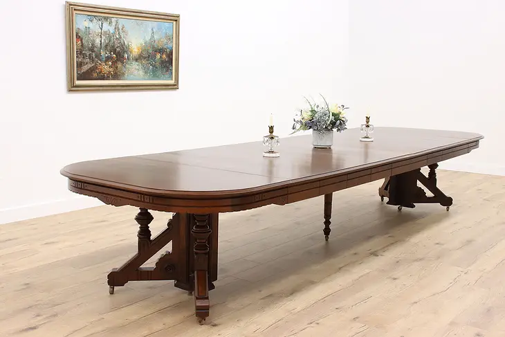 Victorian Eastlake Antique 54" Walnut Dining Table, 9 Leaves Extends 14' #41444