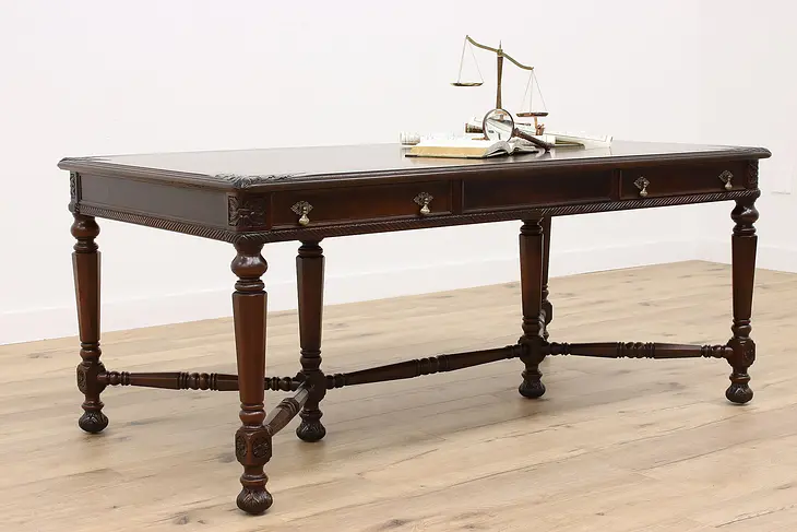 Tudor Carved Walnut Antique Office Conference Desk, Library Table, Clemco #42529