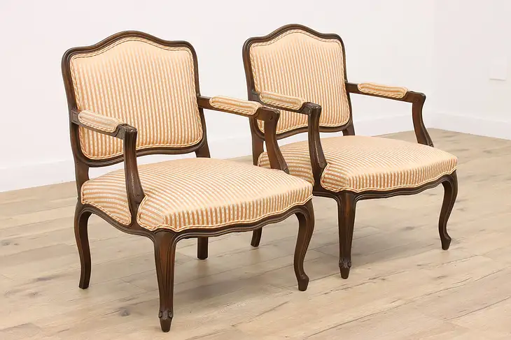 Pair of Country French Vintage Carved Fruitwood Large Armchairs #42618