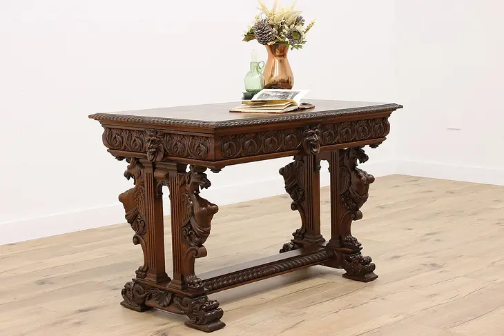 Italian Antique Renaissance Design Carved Oak Office or Library Desk #42036