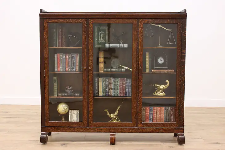 Empire Antique Oak Office or Library Triple Bookcase, Wavy Glass #42337