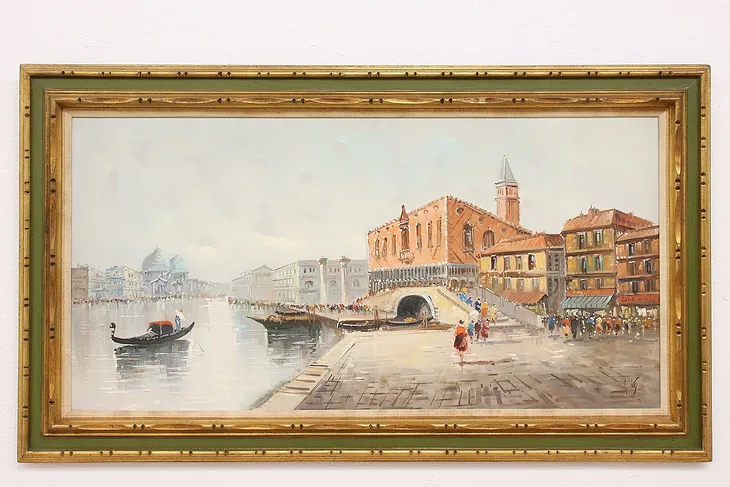 Venice Canal Scene Doge Palace Vintage Oil Painting, DeVity 56" #42561