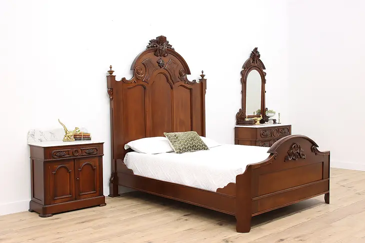 Victorian Antique Carved Walnut & Marble 3 Pc Bedroom Set, Queen Size Bed #42521
