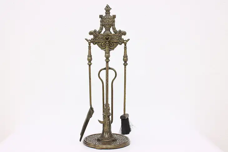 Set of Antique Classical Cast Iron Fireplace Hearth Tools & Stand #42782